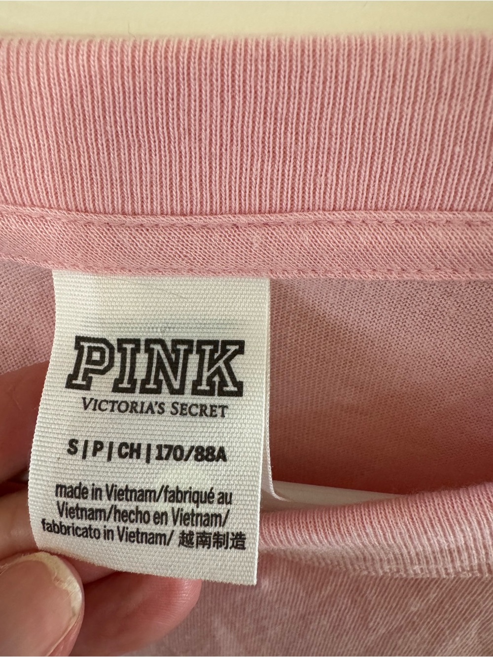 PINK Victoria's Secret Long Sleeve Logo Tee in Light Pink with Navy Trim - Picture 4 of 5